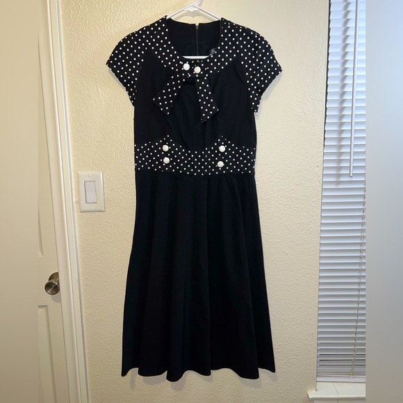 NWT Hell Bunny Vixen Womens S Black Retro A-Line Dress Polka Dot Midi Rockabilly - Picture 1 of 5